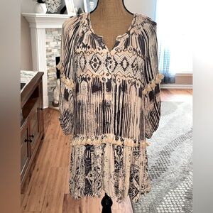 Z&L Boho Hippie chick fringe sequin 1/2 button down balloon sleeve dress sz S